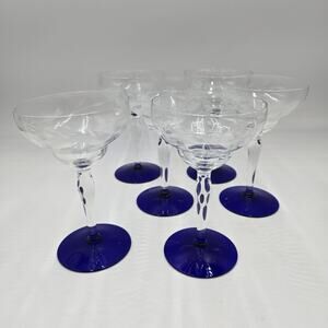 Vtg 1930s Weston Cut Glass Liquior Cocktail Goblets W Cobalt Blue Foot Set Of 6